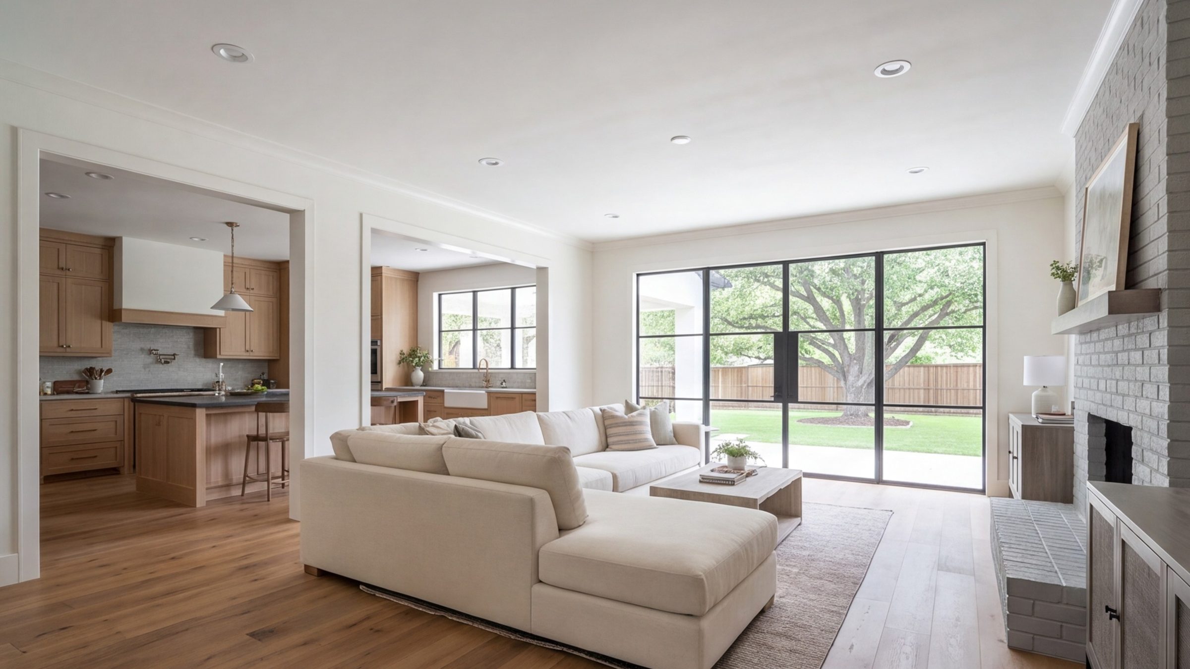 Wide view of a bright remodeled living room opening into a modern kitchen in a Fort Worth brick ranch