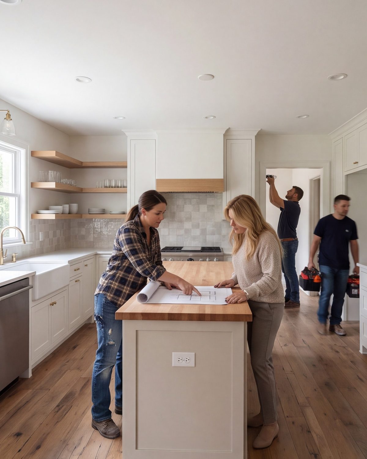 Crew lead going over a floor plan with a homeowner at the island of a finished Fort Worth kitchen