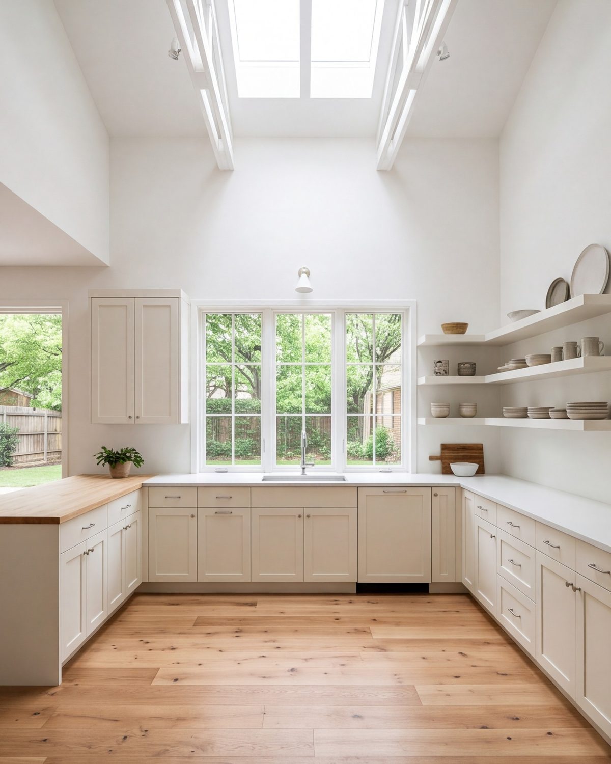 Edgecliff Village kitchen with light cabinets, high ceiling and big windows