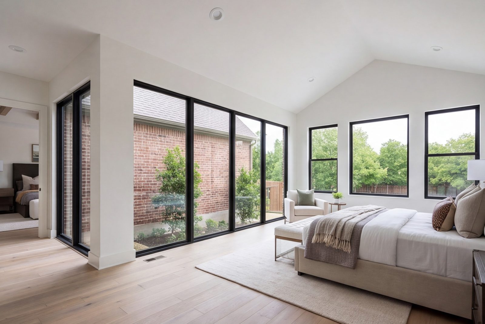 New primary suite addition with tall windows and brick that matches the original house