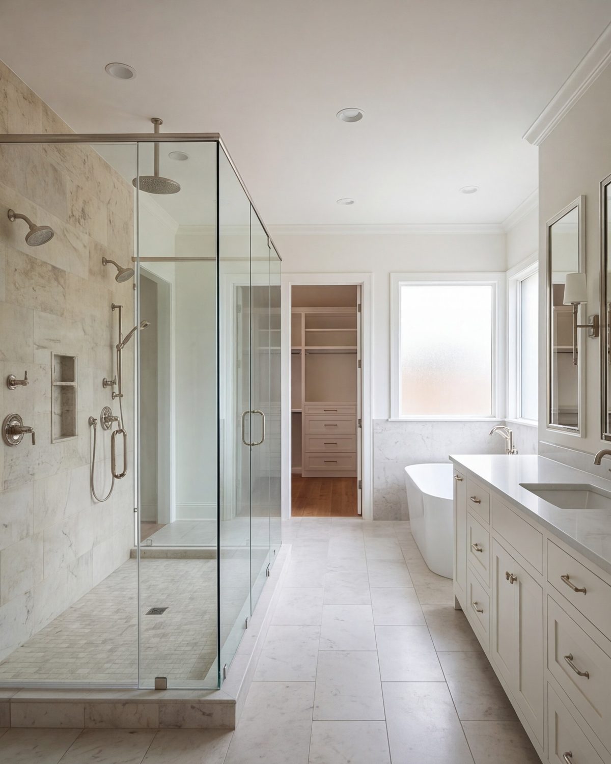 Spacious primary bathroom with a walk-in glass shower and double vanity in a Fort Worth home