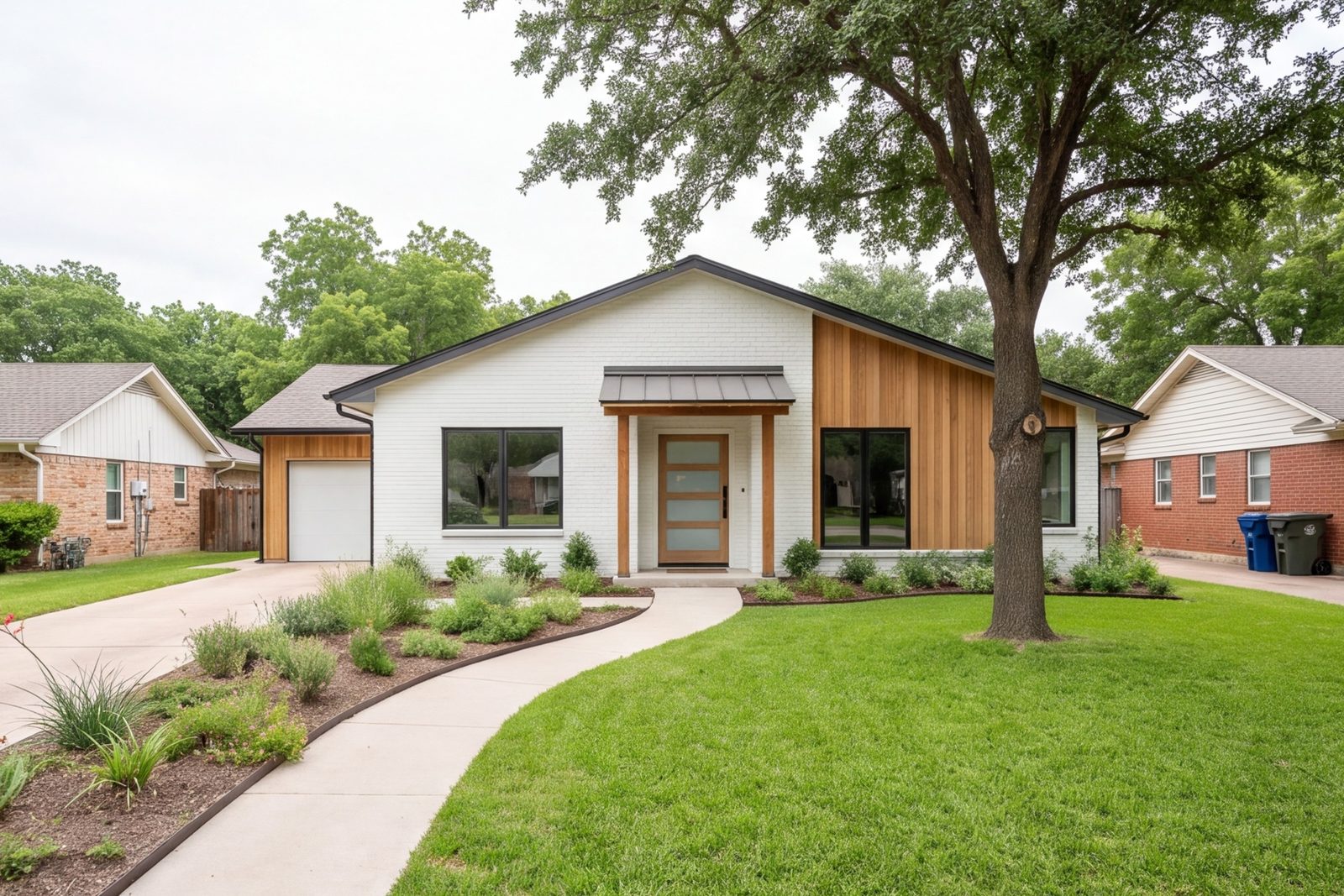 Front of a brick ranch with new siding, paint, a new entry and fresh trim